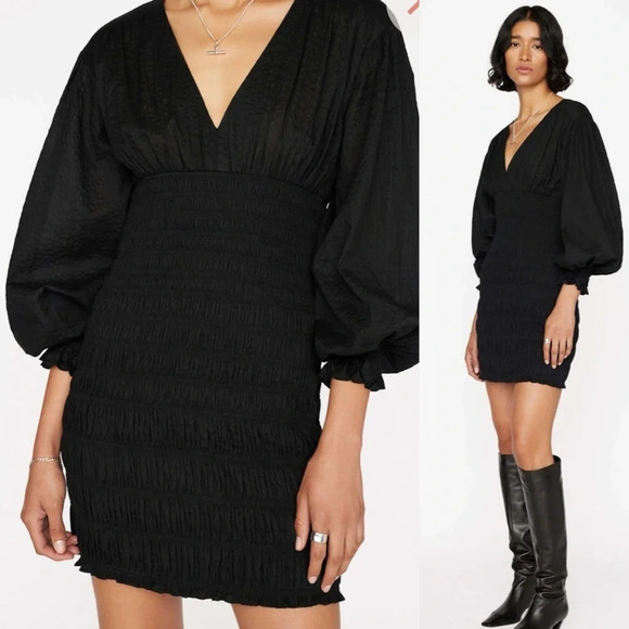 Frame V Neck Smocked Dress Mini Size Small Cotton Ruched Long Sleeve - Picture 1 of 14